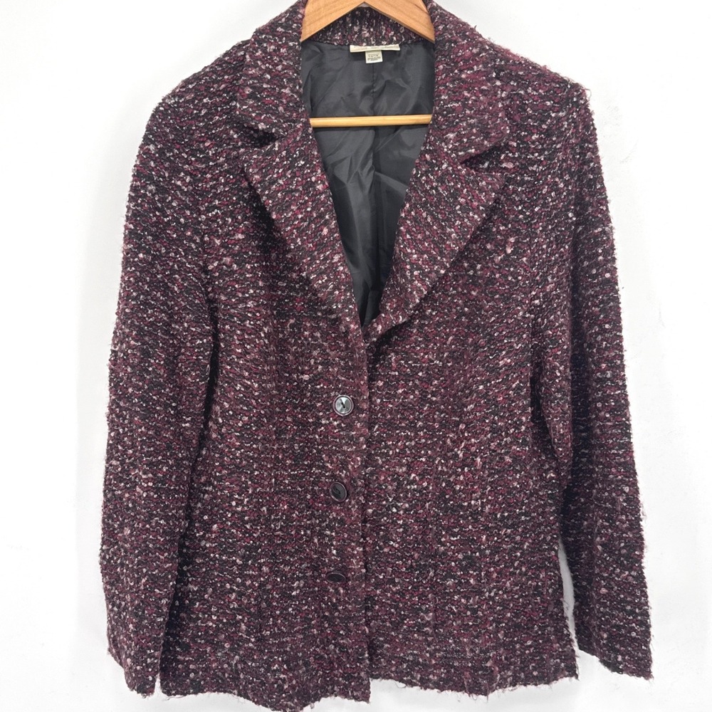 Dressbarn Women Blazer 14/16 Burgundy Boucle Tweed Button Front Lined Jacket